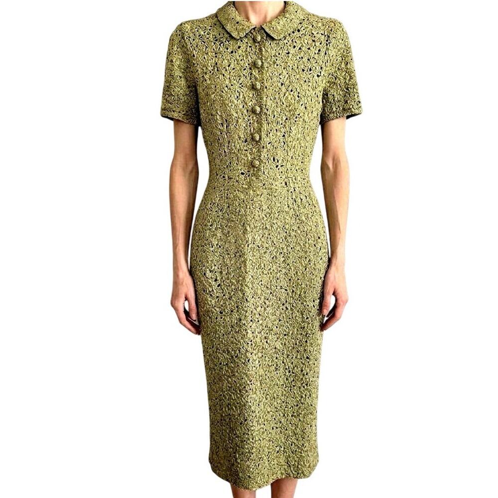 1950s Lana Sage Green Crochet Ribbon Dress – Fitted Midi